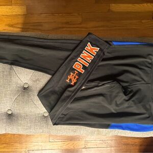 Black and Blue Leggings with Orange PINK Logo